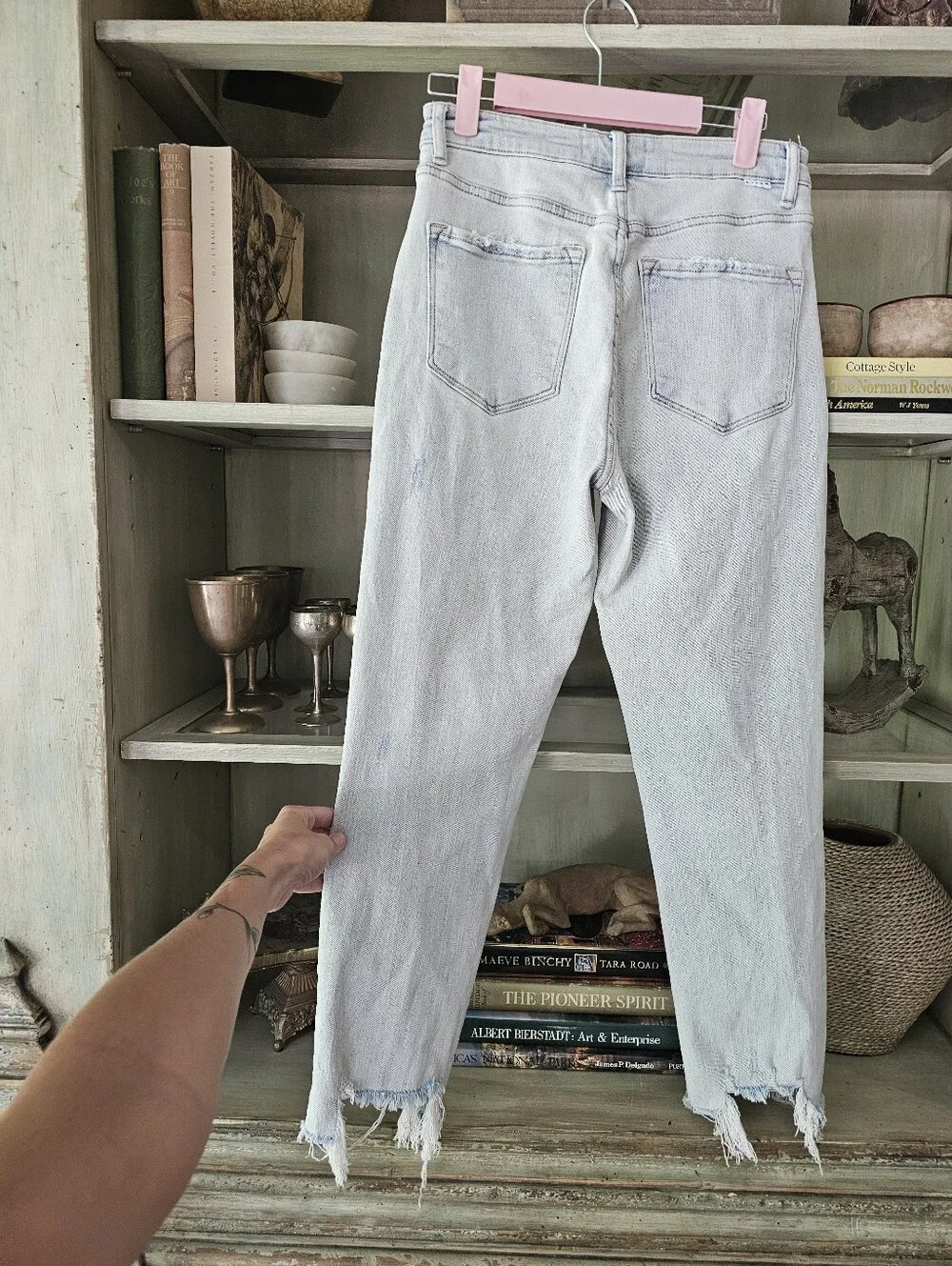 Risen High-Rise Knee Distressed Raw Hem Riley Ankle Jeans 7/28